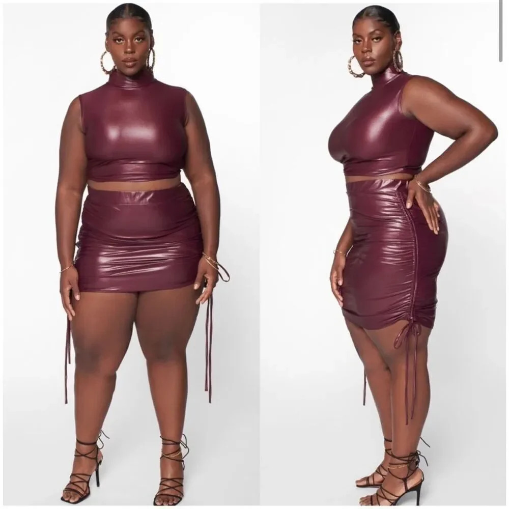 ZELIE FOR SHE | NWT‎ Drawstring City Sleek Faux Leather Skirt Merlot Maroon | 1X